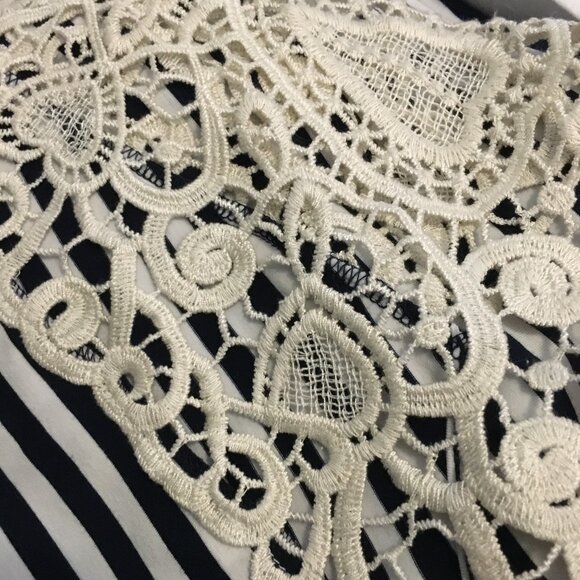 Whimsigoth Black & White Stripe and Crochet Lace Shoulder Tie Back Top - Picture 6 of 13